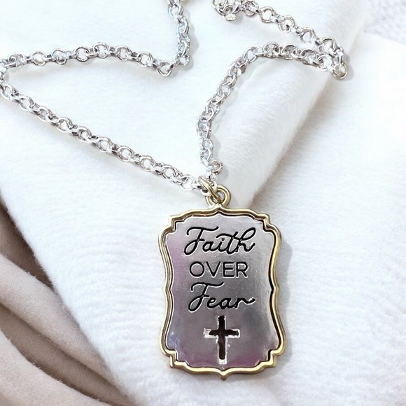 Silver and Gold Toned Pendant Necklace with Cross Detail “Faith Over Fear” - Picture 7 of 17